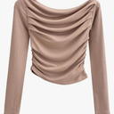 REHJJDFD Women's Long Sleeve Crop Bottoming Shirt Solid Slash Neck Ruched Y2k T Shirt, M