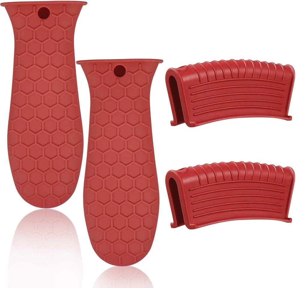 4 Pack Silicone Hot Handle Holder Cover, Silicone Pot Holders Heat Resistant Assist Pan Handle Sleeve Non-Slip Pot Handle Covers for Cast Iron Skillet Metal Pan (Red) (Double Large)