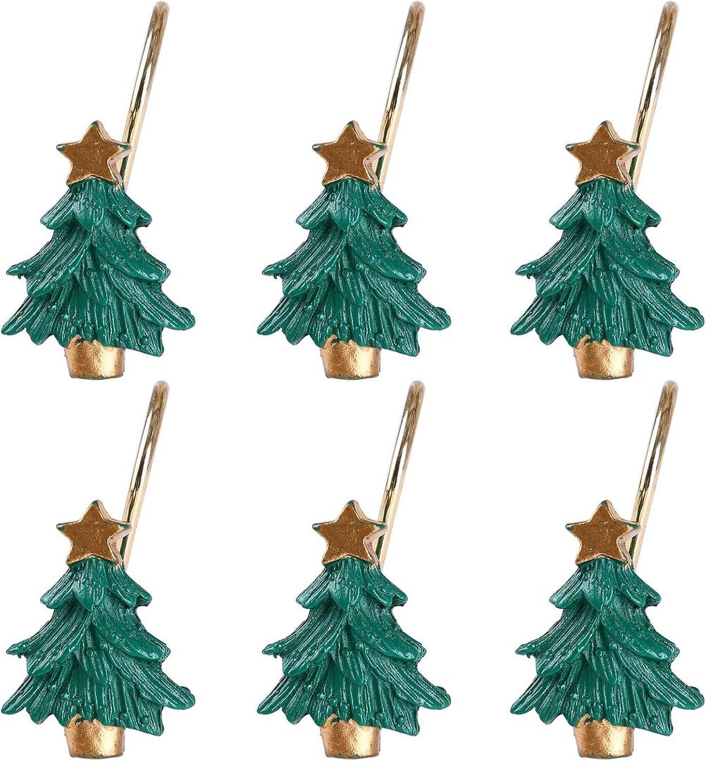 Two Fish Home Fashions Decorative Christmas Tree Resin Shower Curtain Hooks Set of 12, Christmas Tree Resin Curtain Rings Pack of 12 (Green)