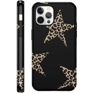 Cute Y2K Star Phone Case for iPhone 12 Pro Max Cheetah Print Black Case 6.7", Aesthetic Cool Leopard Pattern 2-in-1 Glossy Cover Shockproof Slim Soft TPU Hard PC Protection Girls Women Funda