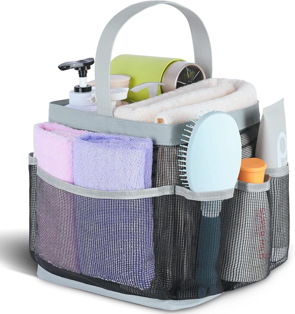 Mesh Shower Caddy Portable for College Dorm Room Essentials with 8-Pocket Large Capacity for Beach,Swimming,Gym-Grey