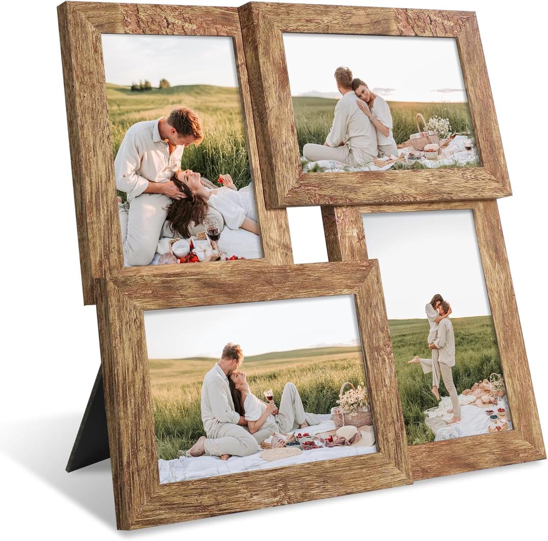 YESKAY 4x6 Collage Picture Frames Set of 1, Multi Family Photo Frame with Real Glass, Displays Four 4x6 Photo, Wall Decor Wall Hanging or Tabletop, Distressed Brown
