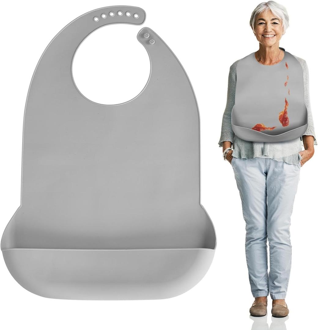 Adult Bibs for Eating - Silicone Bibs for Men, Women Elderly - Washable Adult Bib with Crumb Catcher (Gray)