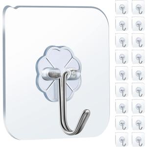 2 x Wall Hooks - 22lb(Max) Heavy Duty Adhesive Hooks for Hanging, Waterproof and Rustproof, Transparent Design, Bathroom Kitchen Hooks (20, Medium)