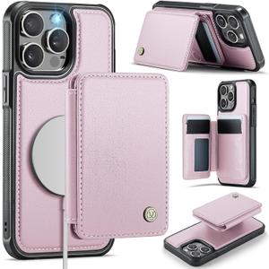 Compatible with Magsafe for iPhone 12 Pro Max Wallet Case Magnetic Card Holder, RFID Blocking 2 in 1 Detachable Kickstand Shockproof Case for Women Men, Pink