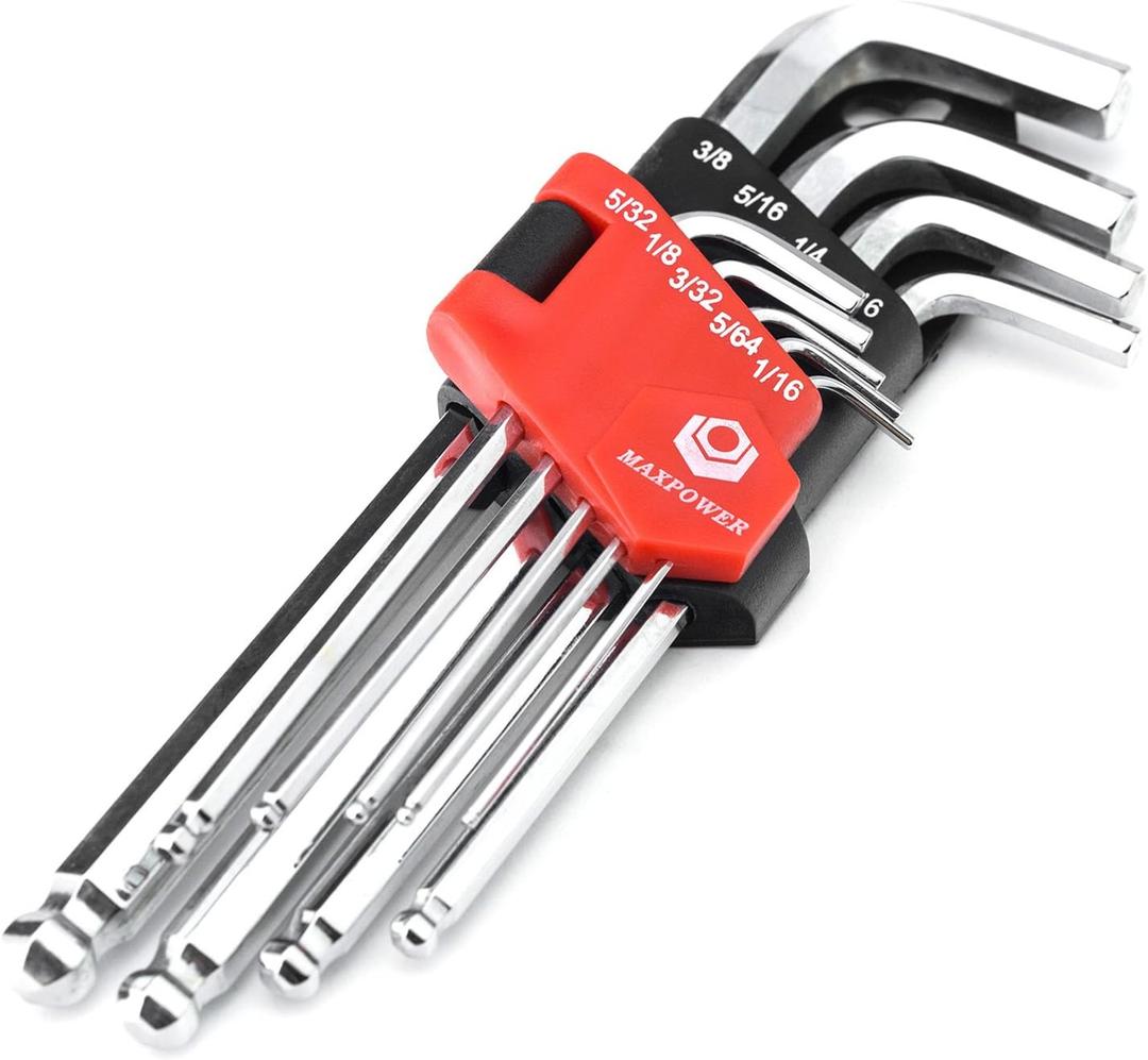 MAXPOWER 9PCS Long Arm Ball End Hex Key Wrench Set, Industrial Grade Allen Wrenches, Made with Heat-Treated CR-V Steel, Chrome Finish, Includes Hinged Case, SAE Size 1/16 Inch - 3/8 Inch
