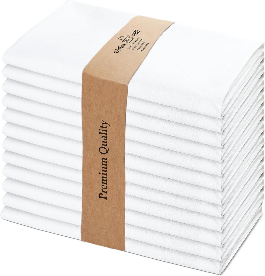 Urban Villa White Cloth Napkins 100% Cotton Dinner Napkins (Set of 12) 20x20 Inches Absorbent Soft Durable Reusable and Washable Napkins - Ideal for Everyday Use Parties Wedding Spring Summer Easter