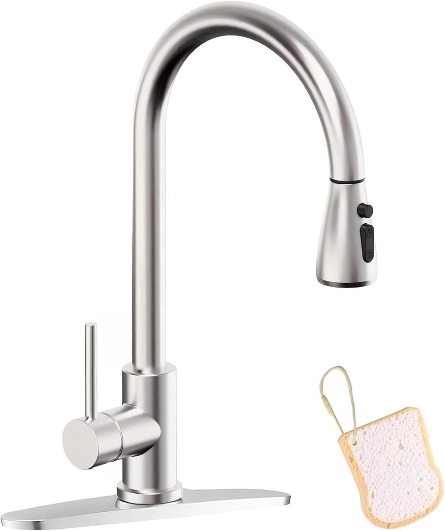 Asinse Kitchen Faucet with Sink Mat, Pull Out Kitchen Faucet with Sprayer, 3 Modes High Arc Stainless Steel Kitchen Sink Faucet, 360 Swivel Modern Tap for RV, Bar, Laundry, Garden