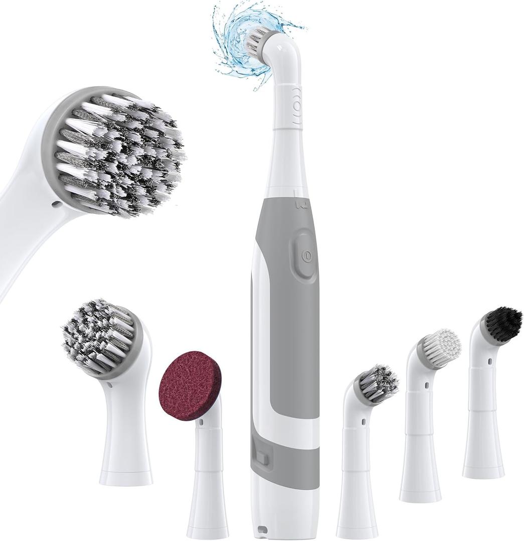 kHelfer Electric Cleaning Brush with Battery Power, KH6A Small Electric Grout Brush&5 Replacement Brush, Lightweight Waterproof Stainless Steel Wire Brush for Grout, Tile, Corner, Kitchen, Bathroom (Gray& White)