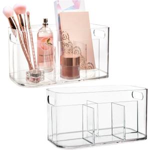 STORi Bliss 5-Compartment Plastic Cosmetics Storage Organizer, Set of 2 | Clear | Rectangular Divided Makeup Bin & Vanity Caddy with Pass-Through Handles | Round Corner Design | Made in USA