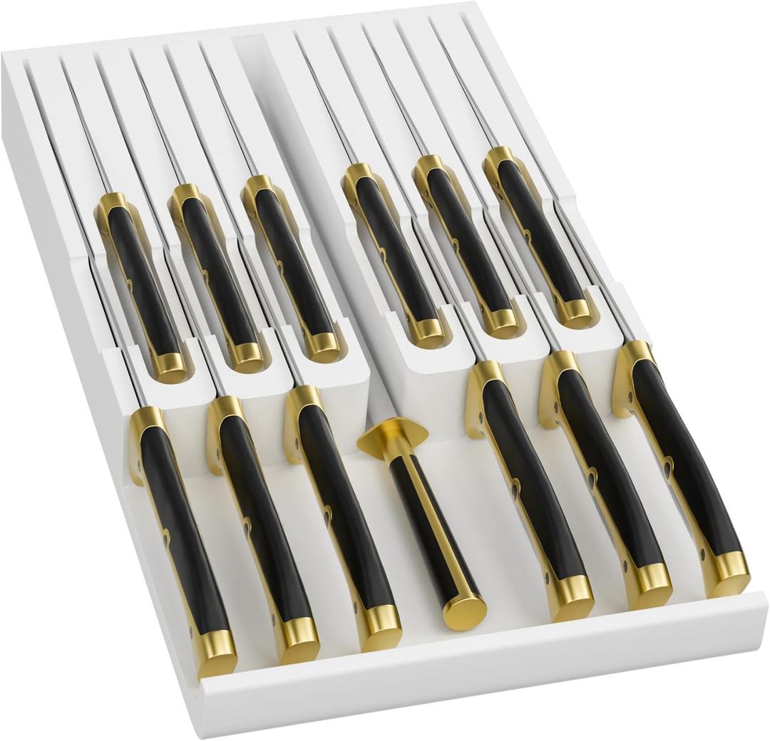 Domax Bamboo In-drawer Knife Block - Kitchen Knife Drawer Organizer Insert, Steak Knife Holder Without Knives, Drawer Knife Organizer Fits for 12 knives and 1 Sharpening Steel (Not Included), White