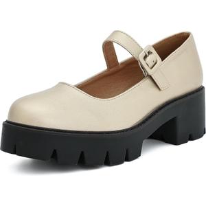 Women's Round Toe Ankle Strap Mary Janes Platform Low Heel Chunky Pumps Oxford Dress Shoes (8), Gold PU