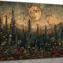 Full Moon Forest Canvas Wall Art Vintage Moonlit Pine Tree Mountains and Wildflowers Woodland Nature Landscape Picture Wall Decor Poster Print Artwork for Bedroom Living Room Home Decoration (36"L x 24"W)