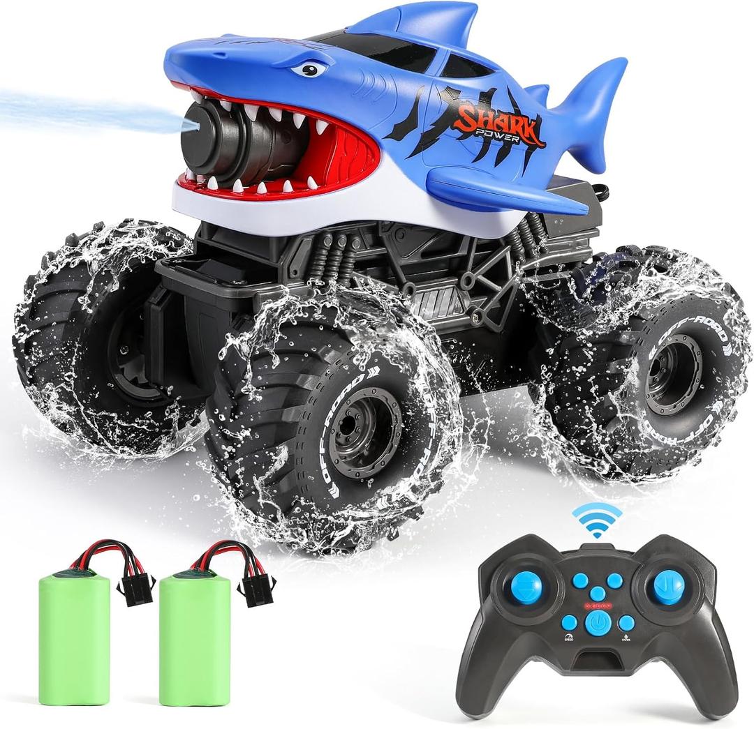 BOBXIN Amphibious Remote Control Shark Monster Truck Squirt Water,4WD All-Terrain Off-Road 2.4Ghz Waterproof RC Car Pool Water Toys for Kids Age 6+ Blue