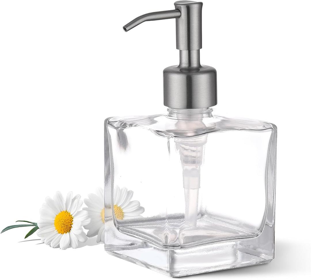 Square Bathroom Soap Dispenser, Brushed Nickel, Glass Bottle, Stainless Steel Pump, Kitchen Hand Soap Dispenser (1-Pack)