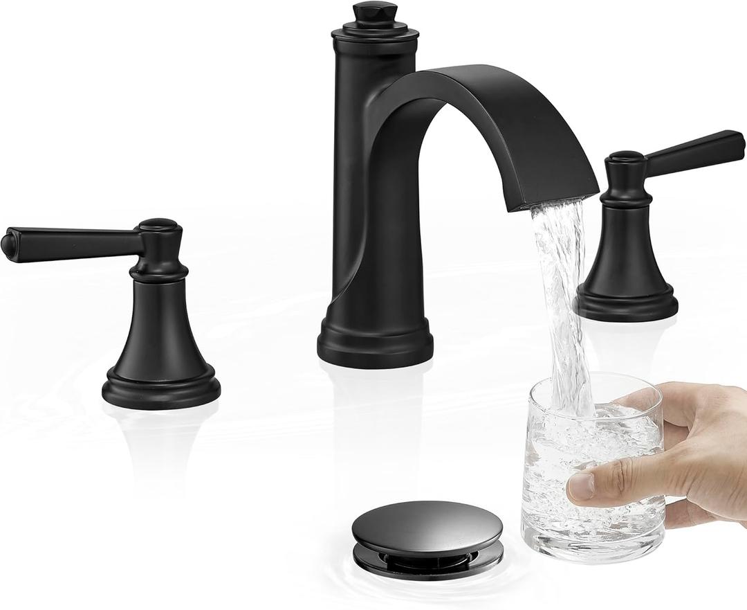 Matte Black Bathroom Faucet 3 Hole, Brass Bathroom Waterfall Faucet, 4-16 Inch Bathroom Sink Faucets, 2 Handle Widespread Faucet for Bathroom Sink with Water Supply Hoses, Pop-Up Drain
