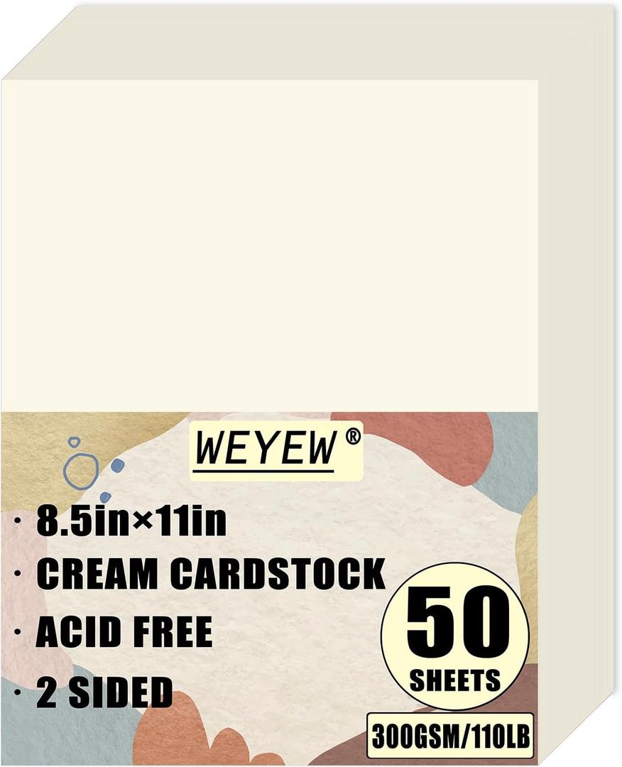 50 Sheets 110lb Cream Cardstock, 8.5" x 11", Heavyweight Off-White Paper Greeting Cards DIY Craft Card Making, 110LB Cover 300 GSM