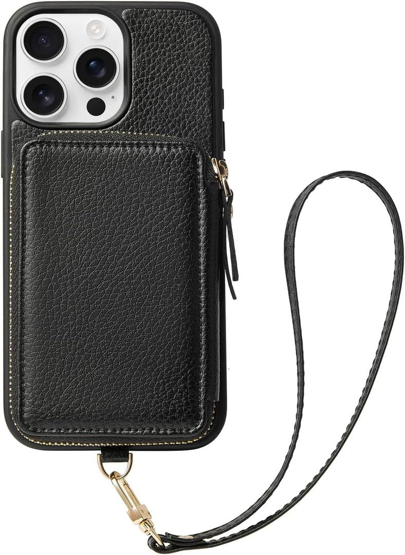 ZVE for iPhone 14 Pro Max Wallet Case, Phone Case with RFID Blocking Card Holder Wrist Strap, Zipper Leather Handbag Gift Cover for Women Compatible with iPhone 14 Pro Max, 6.7"(2022) - Black