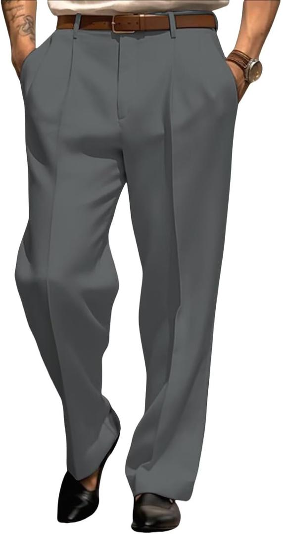 Mens Dress Pants Straight Leg Pleat-Front Casual Suit Pants Plain Comfort Work Office Business Lounge Trouser Long (38W x 32, Large, Grey)