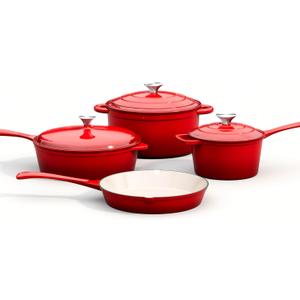 MAISON ARTS 7 Piece Enameled Cast Iron Cookware Set, Heavy Duty Induction Dutch Ovens Pot with Lid, Red Non Toxic Pots and Pans Sets, PFOA-PFOS Free