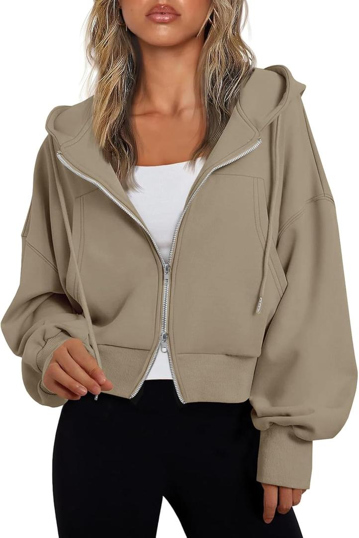 Fisoew Women's Crop Zip Up Hoodies Casual Long Sleeve Hooded Cropped Sweatshirts with Pockets Medium