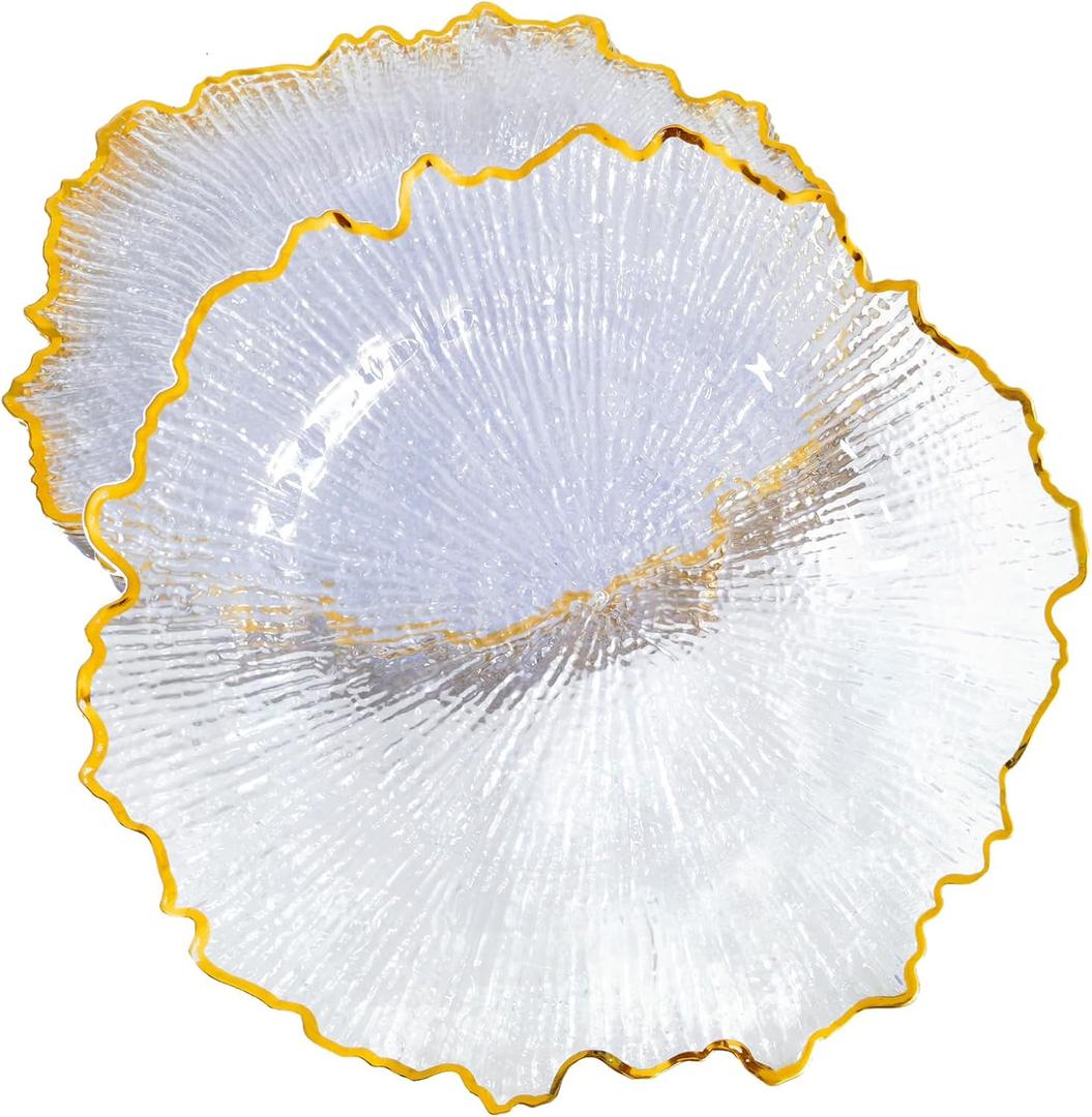 DaCakeWS Acrylic Gold Rim Reef Charger Plates 10PCS, 13inch Plastic Floral Charger Plates Wedding for Dinner (10, Reef Clear)