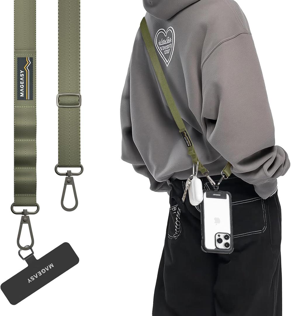 MAGEASY Universal Cell Phone Lanyard Crossbody - Anti-Theft Crossbody Phone Strap for iPhone 16 Pro Max & Most Smartphones, for Men & Women | 20mm (Army Green)