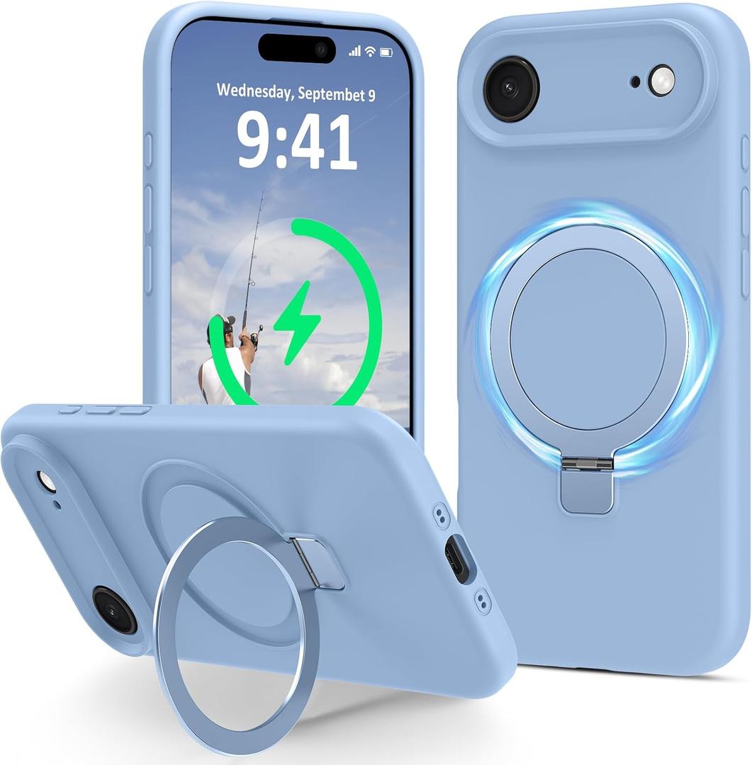 Compatible with iPhone Air Case with Stand, Full Camera Protection Slim Liquid Silicone Phone Cases for iPhone 17 Air Compatible with MagSafe Magnetic Ring Kickstand Case 6.5", Light Blue