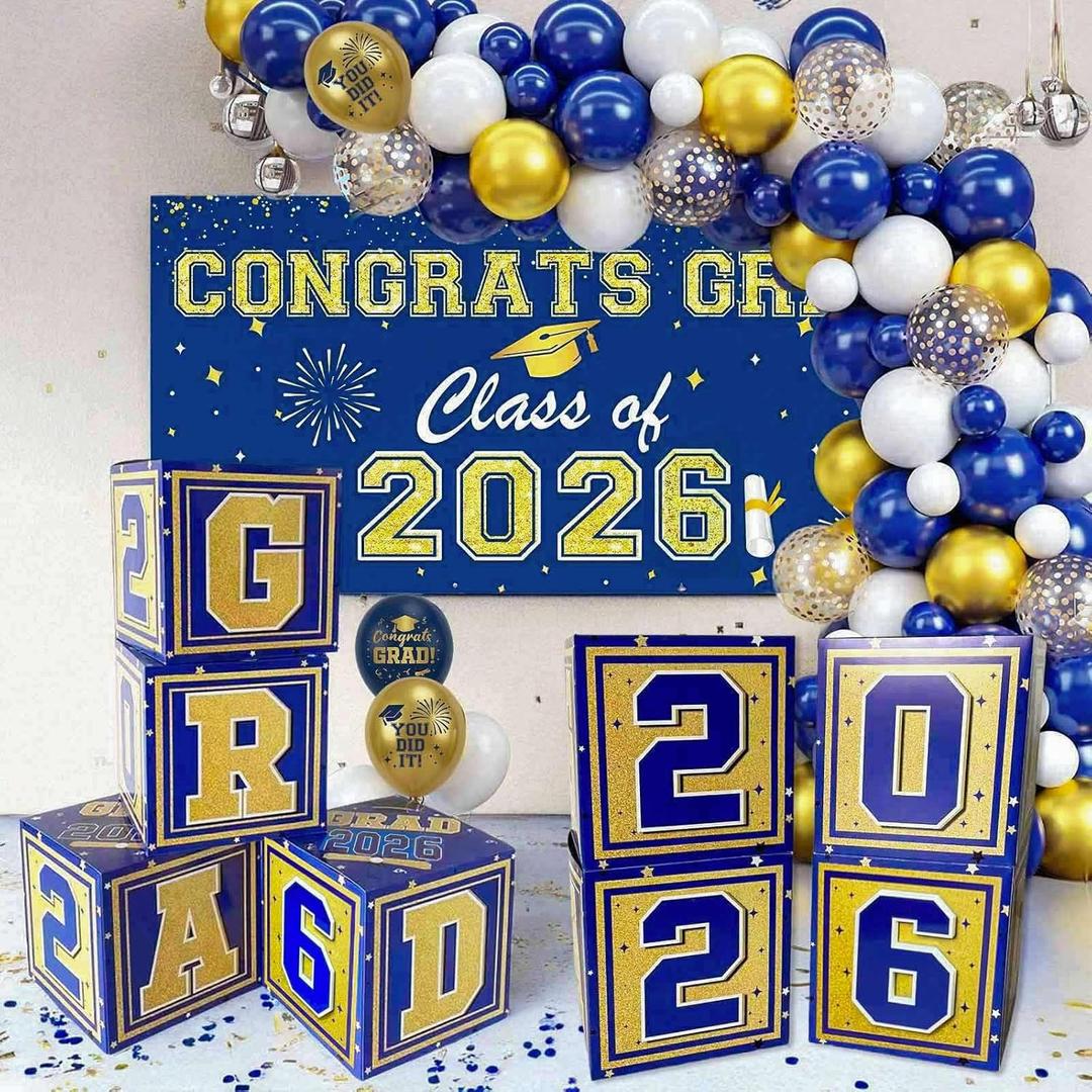 2 x Graduation Decorations 2026 Navy Blue and Gold Balloon Boxes, Class of 2026 GRAD Letters, Balloon Garland Kit, Congrats Grad Banner Photo Backdrop for High School & College Party Supplies