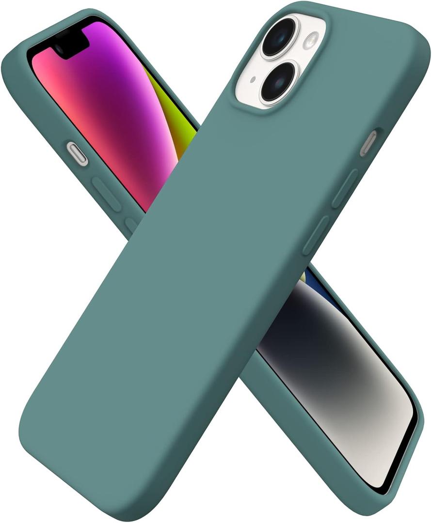 ORNARTO Compatible with iPhone 14 Case 6.1, Slim Liquid Silicone 3 Layers Full Phone Covered Soft Gel Rubber Case Protective Phone Cover 6.1 Inch-Pine Green