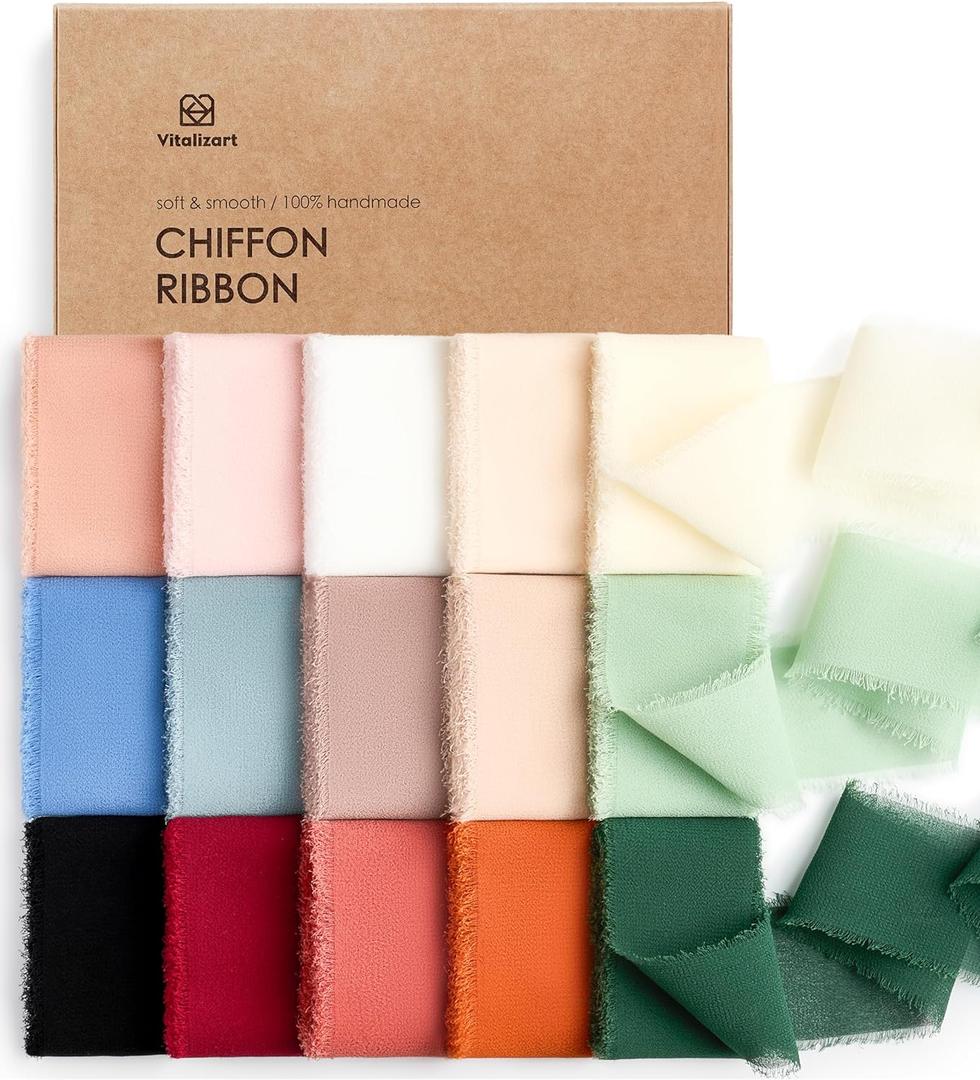 Vitalizart 15 Rolls 1.5" Chiffon Silk Ribbon Handmade Fringe Total 30 Yd Frayed Edges Ribbons for Wedding Invitations Bridal Bouquets Gifts Wrapping Crafts Holiday Decor