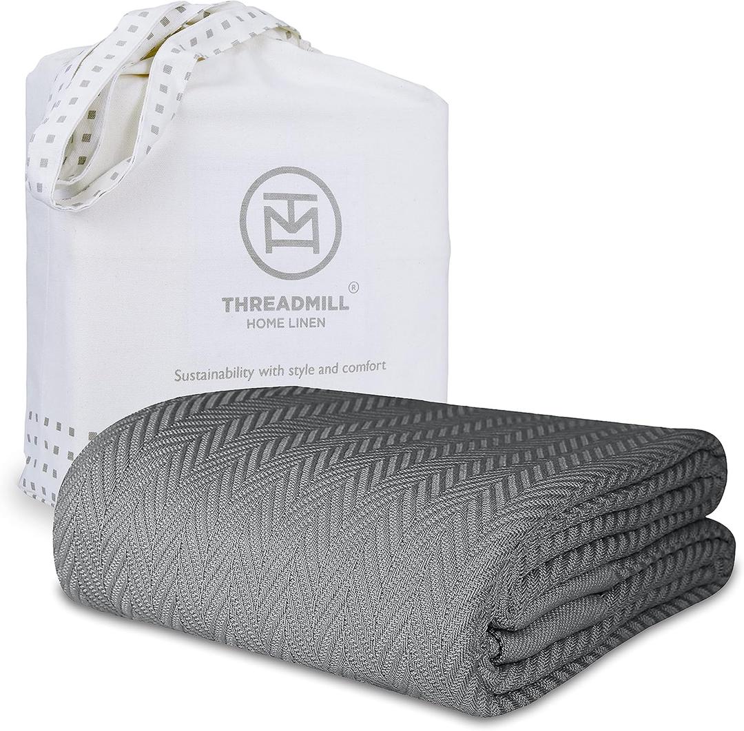 Threadmill Luxury Cotton Blankets for Queen Size Bed | All-Season 100% Cotton Queen Size Blanket | Herringbone Cozy, Soft Breathable Fall Thermal Blanket fits Full Size Bed | Dark Grey