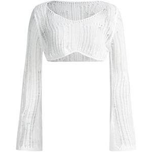 Verdusa Women's Hollow Out Sheer Long Sleeve Sweater Knit Crop Pullover Top X-Small