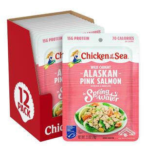 Chicken of the Sea Alaskan Pink Salmon in Spring Water, 2.5 Ounce Packets (Box of 12), Wild Caught, Skinless & Boneless (EXP 01/30/29)