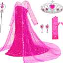 Luxury Princess Dress Costumes with Shining Long Cape Girls Birthday Party (7-8 Years, Pink-2)