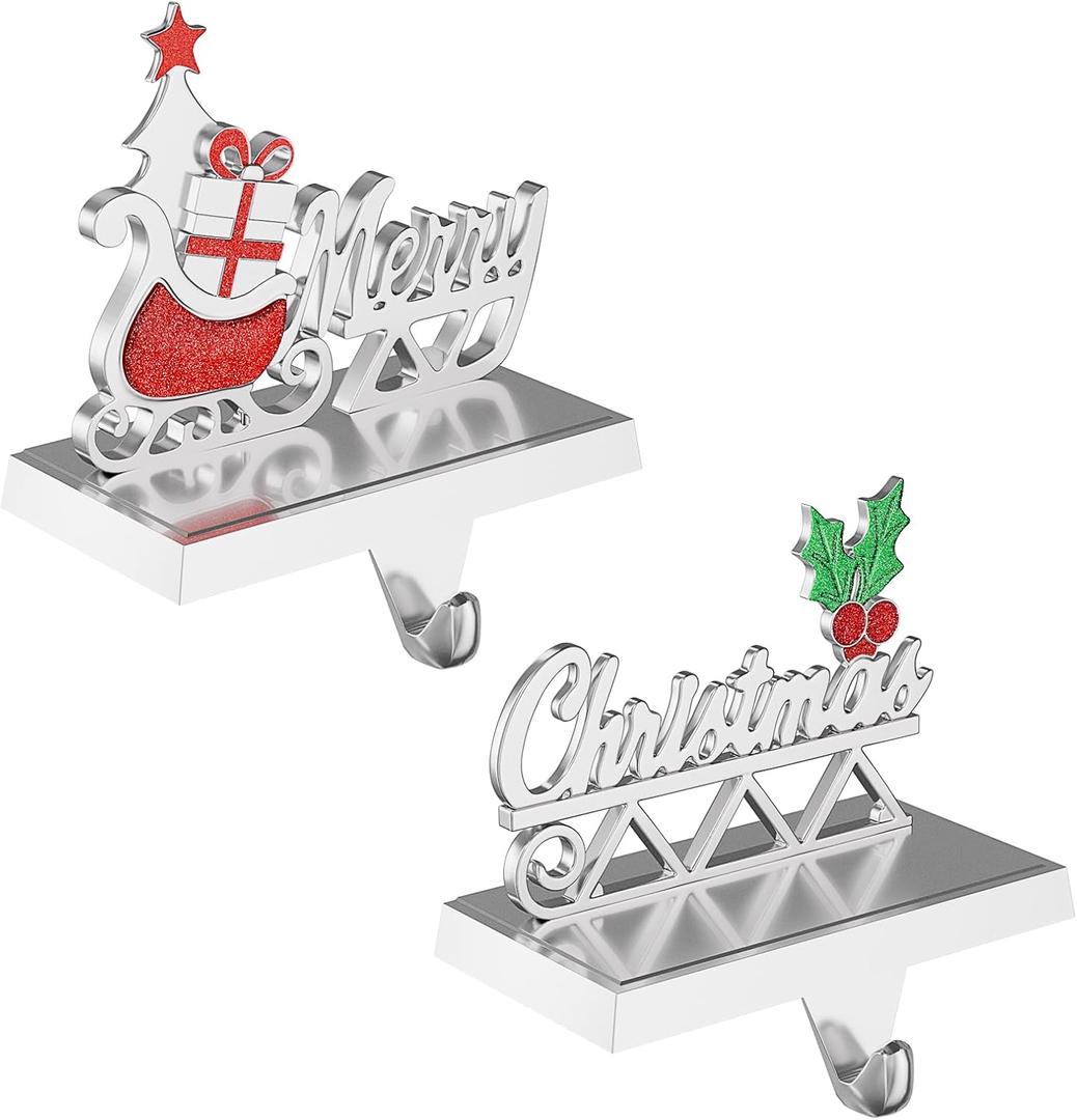 Christmas Stocking Holders for Mantle Weighted Metal Stocking Hangers Hooks for Fireplace Christmas Decorations (Set of 2)