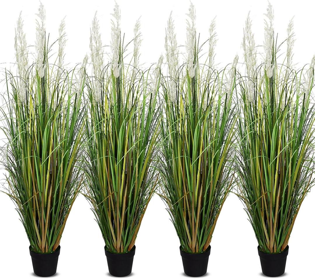 4ft Tall Artificial Pampas Grass, 4 Pcs Faux Plants for Indoor Outdoor Floor Decor, Large Greenery for Garden Patio Home Lobby