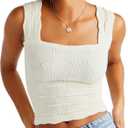 Women's Square Neck Wide Strap Crop Tank Tops Flower Going Out Tops Slim Fit Lettuce Trim Crop Cami Tops (Small, Beige)