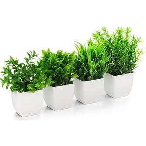 4 Pcs Artificial Plastic Plants with White Pot for Bedroom Office Home Living Room Balcony Bathroom