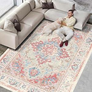 Vhong Washable Area Rugs Boho Vintage Neutral Modern Pale Green 8x10 Non Slip Large Carpet for Living Room Dining Room Bedroom