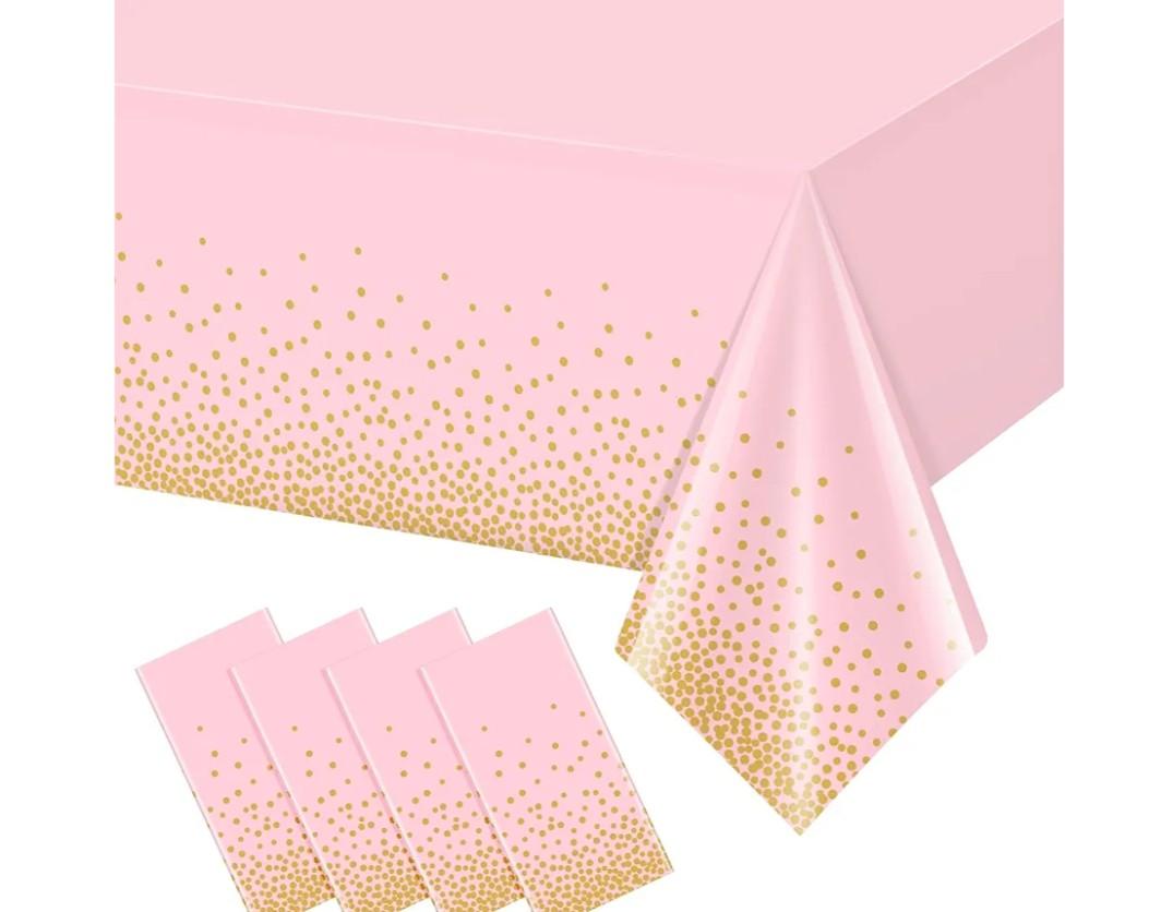 Breling 8 Pack Pink and Gold Disposable Plastic Tablecloths and Satin Table Runner Set, 54 x 108 Inch Tablecloth, 12 x 108 Inch Table Runners for Wedding Graduation Birthday Baby Shower