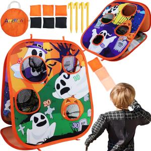 Halloween Party Games for Kids Adults Halloween Bean Bag Toss Game Ghost Double-Sided Board Cornhole 4 Score Holes Halloween Decorations Party Favors Yard Outdoor Indoor Toys Spooky Game (6 Bean Bags)
