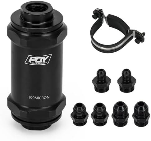 PQY AN6 AN8 AN10 Inline Fuel Filter E85 Ethanol with 100 Micron Stainless Steel Element Black