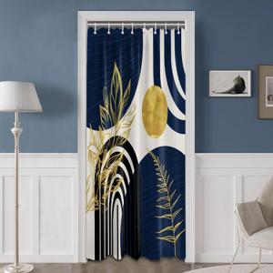 Mid Century Modern Navy Blue Shower Curtain Boho Dark Blue and Gold Leaves Shower Curtains for Mens Bathroom Decor Sets, Waterproof Cloth Fabric with Hooks, 48x72in