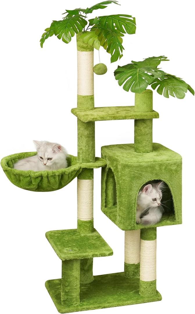 Green Tall Cat Tree 47-Inch for Kittens Under 6 Months 9lbs, Cat Tower for Small Cats - Scratching Post, Plush Hammock, Double Condos & Dangling Toys