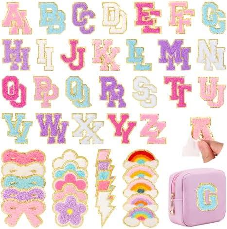 72 Pcs Preppy Chenille Patches Self Adhesive Embroidered for DIY Clothing,Include 52 A-Z Chenille Letter Patches Stickers,20 Rainbow Flower Lighting Bowknot Stick on Patches for Bags Backpacks Hats
