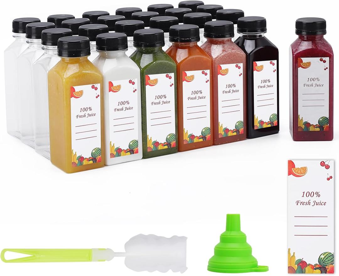 Plastic Juice Bottles 150 pcs 12 oz Empty Plastic Water Bottles with Caps Reusable Clear Beverage Containers for Drinking, Juicing, Smoothie, Water with 2 Brushes, 2 Funnels, 160 Stickers (12 OZ)