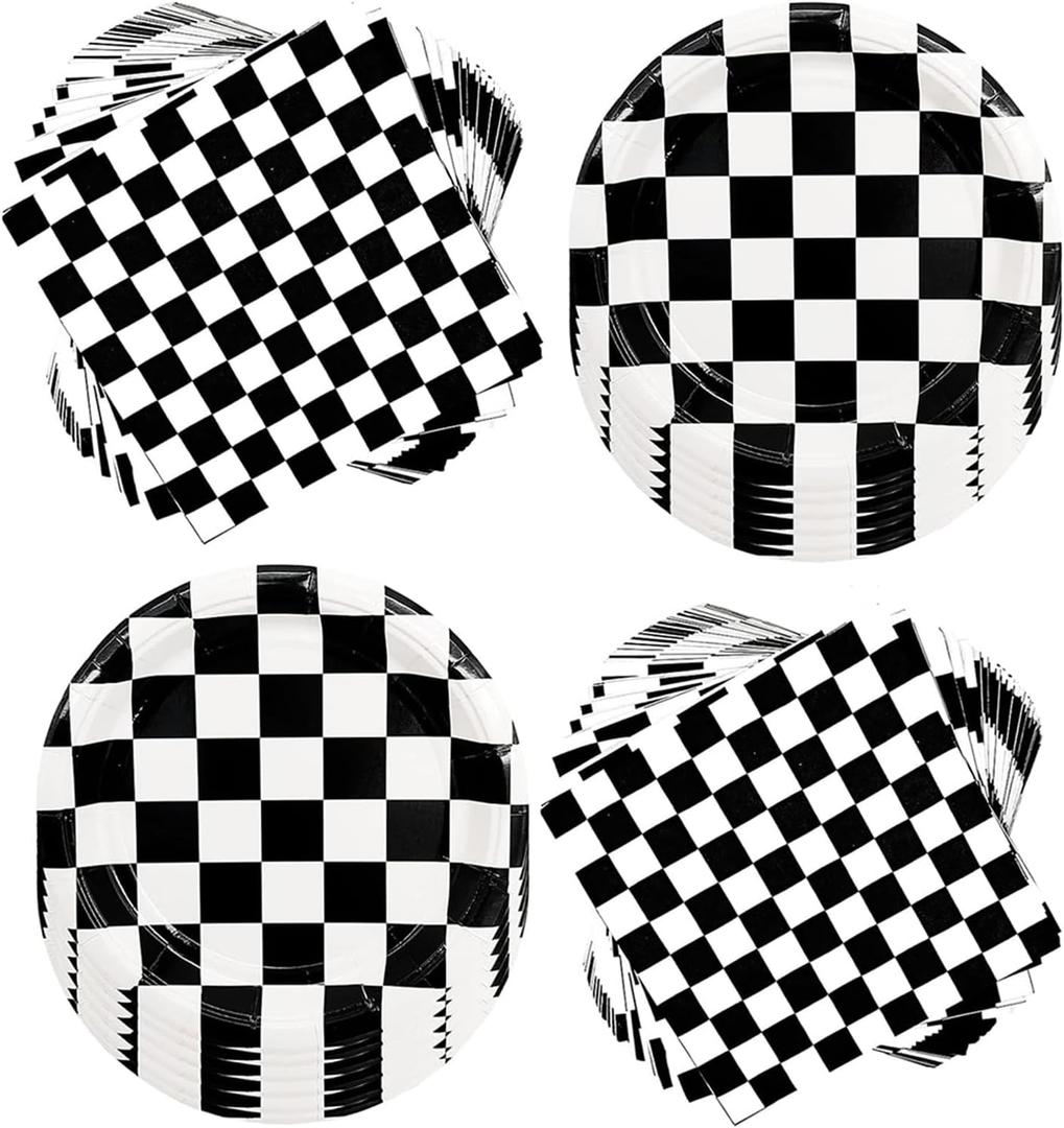 80Pcs Black White Checkered Party Supplies Set - 7" Race Car Plates and Napkins for Car Theme Race Birthday Party Decor | Serves 40