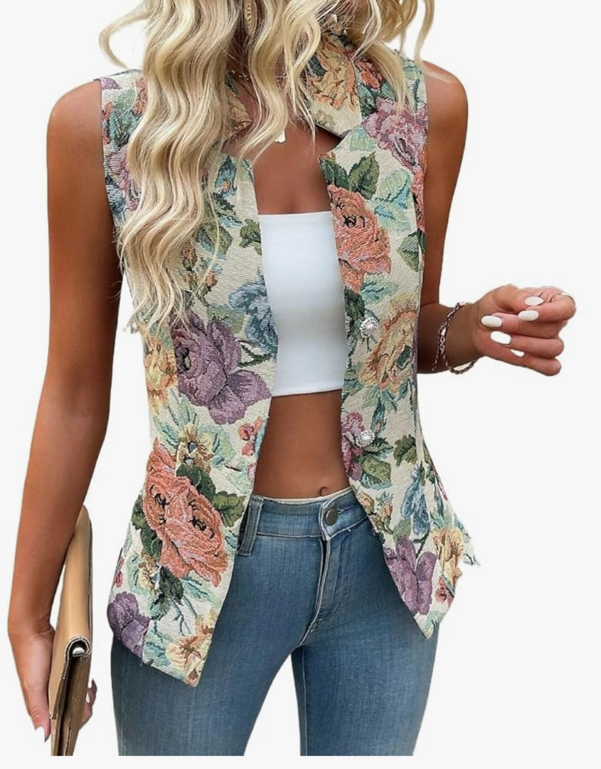 Blazers for Women 2025 Floral Single Breasted Sleeveless Blazer Trendy Jacket, 26 In Length