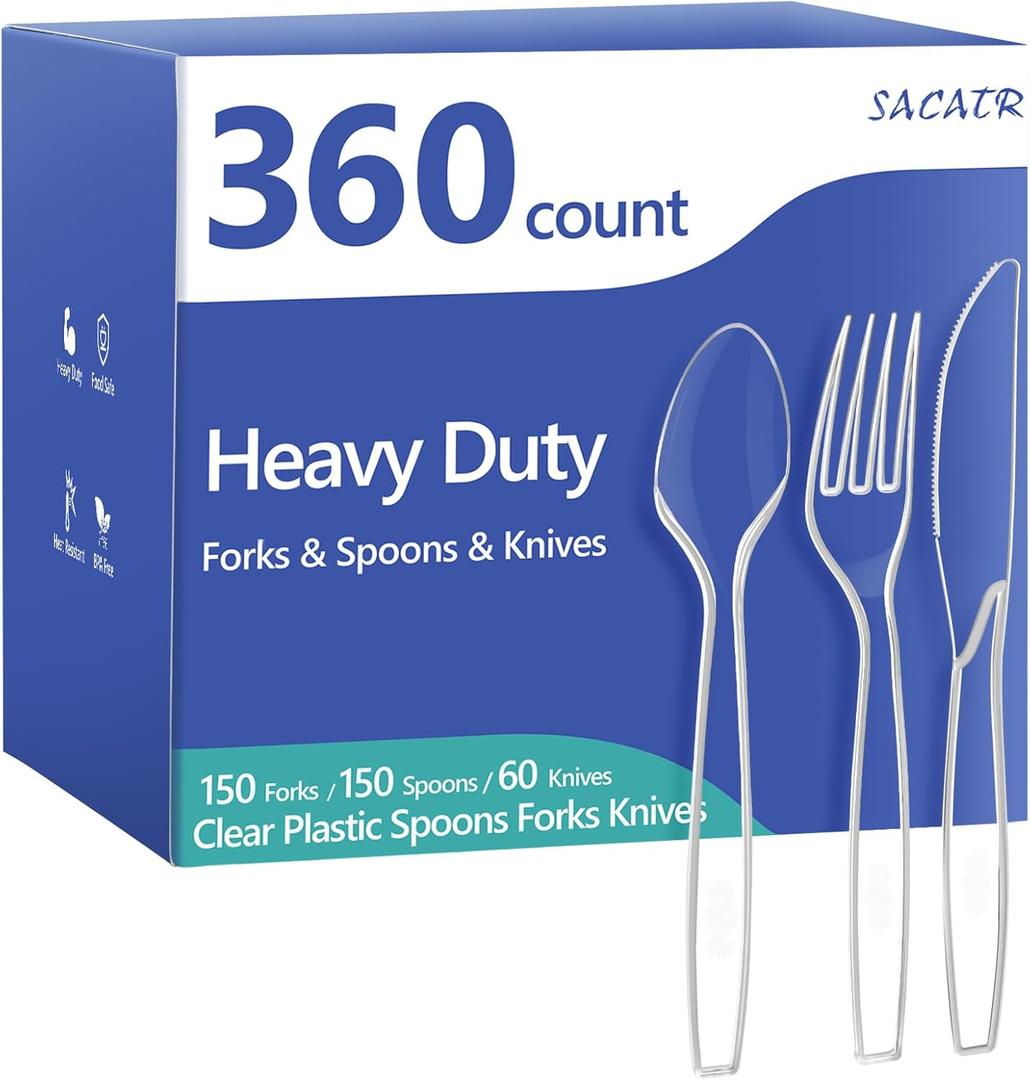 SACATR 360 Count Plastic Silverware Heavy Duty - Forks, Spoons, Knives, BPA-Free, Disposable Utensils Set, Plastic Cutlery Set, Plasticware for Wedding Party